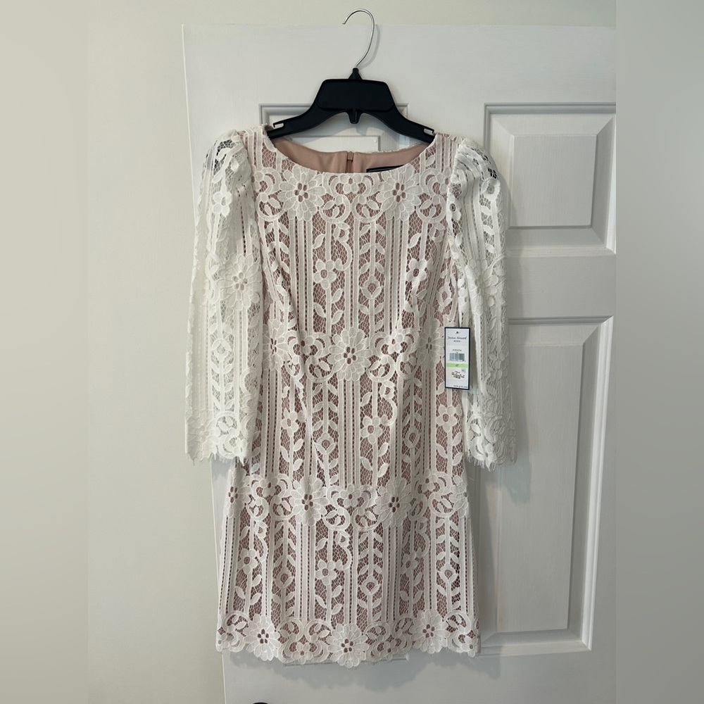 Jessica Howard White Sheath Dress with Bateau Neckline and Bishop Sleeves